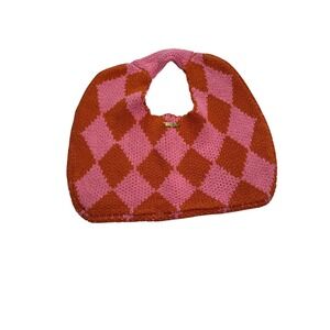 KOPARI Bag Womens Medium‎ Pink Orange Knit Argyle Shoulder Purse Handbag Tote